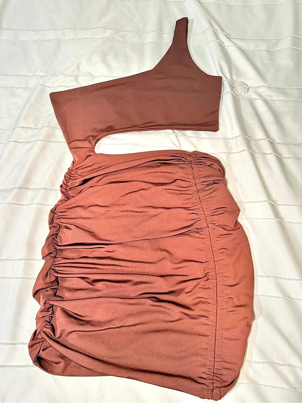 Brown Ruched One-Shoulder Mini Dress